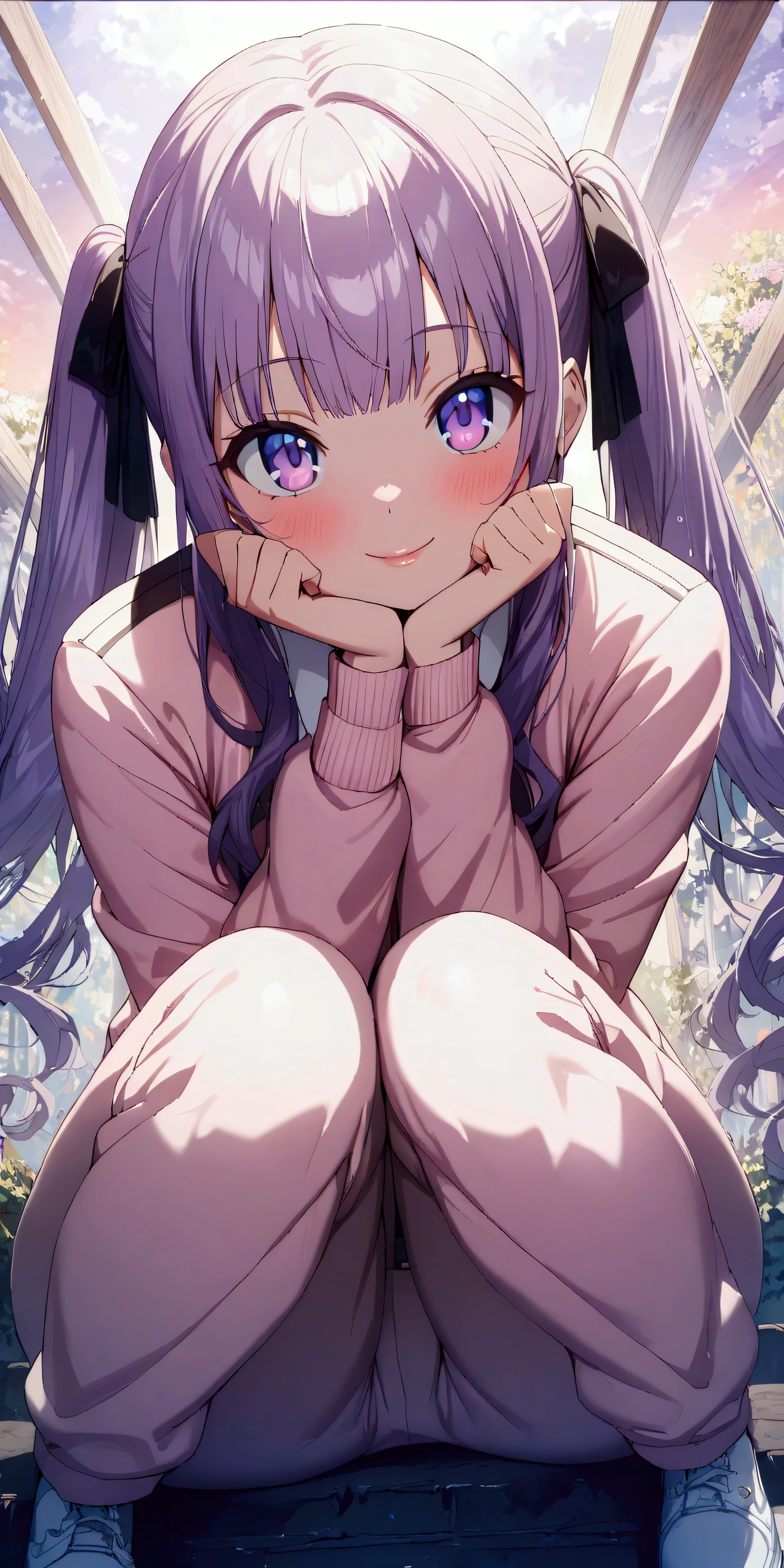 Anime Girl with long purple hair sitting on the ground with a backpack, cute Anime Girl, (Anime Girl), Cute anime, Soft anime illustration, Anime cute art style, Anime visuals of cute girls, Cute kawaii girl, pretty Anime Girl, Best Girl in Anime, Travel Udongen Inaba, Zero Fashion Art, Beichuan Ma Lin fan art