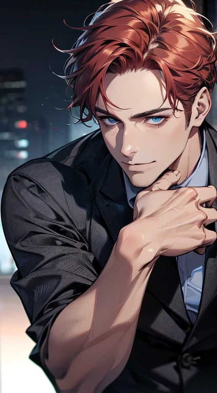 (best quality,4k,8k,highres,masterpiece:1.2),ultra-detailed,(realistic,photorealistic,photo-realistic:1.37),1 man,31 years old,mature man,very handsome,without expression,smile,short grey red hair,blue eyes,penetrating gaze,perfect face without errors,imposing posture,businessman,office background,cinematic lighting,hdr image