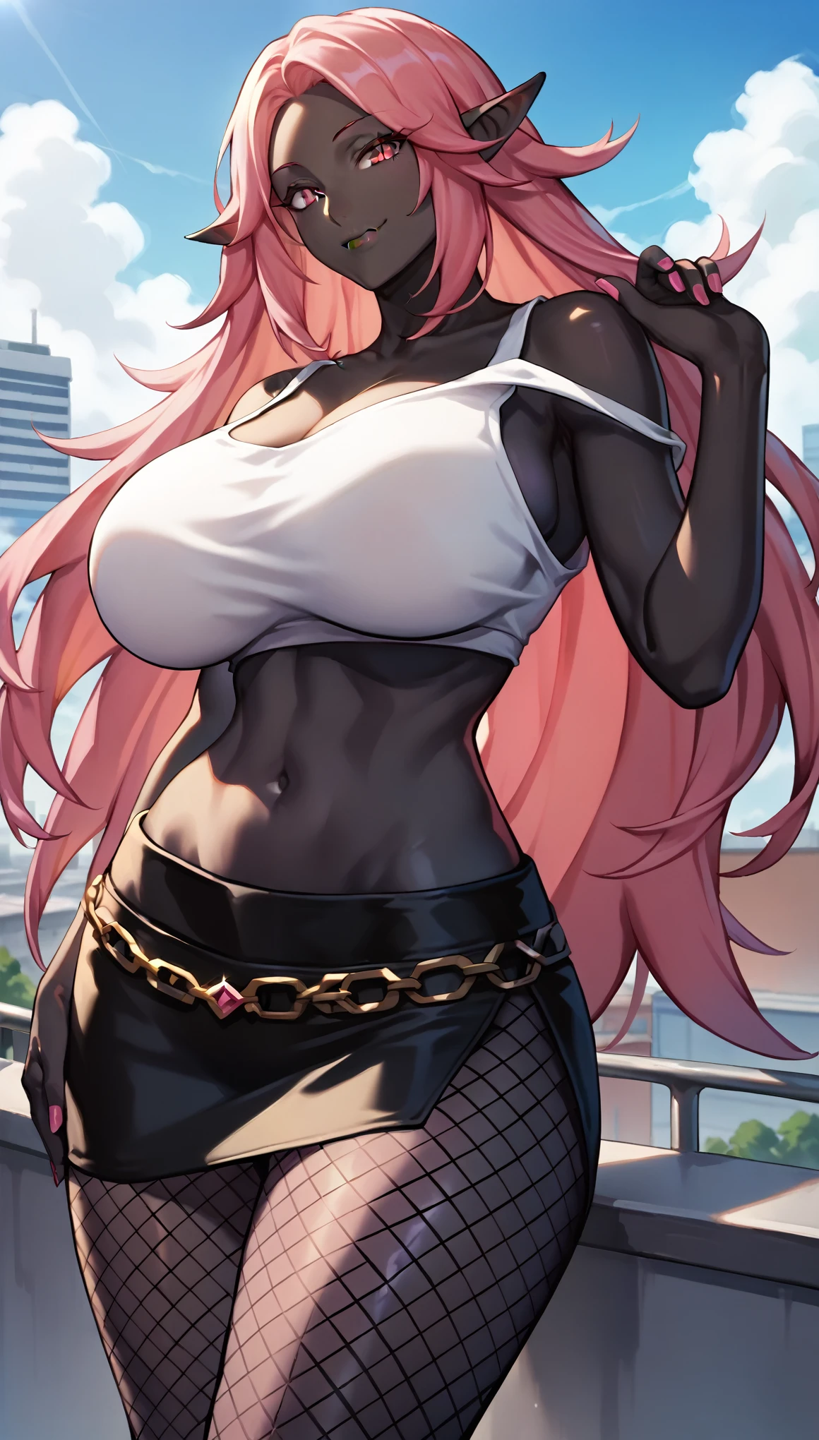 masterpiece, score_9_up, score_8_up, score_7_up, best quality, extremely detailed, 1girl, milf, solo, (colored skin, black skin:1.8), (huge breasts:1.3), ((((pink hair), long hair, pink eyes, slit pupils, foc ears))), parted lips, (((tanktop, crop top, navel, skirt, fishnet pantyhose))), ((light smile), closed mouth), ((rooftop))