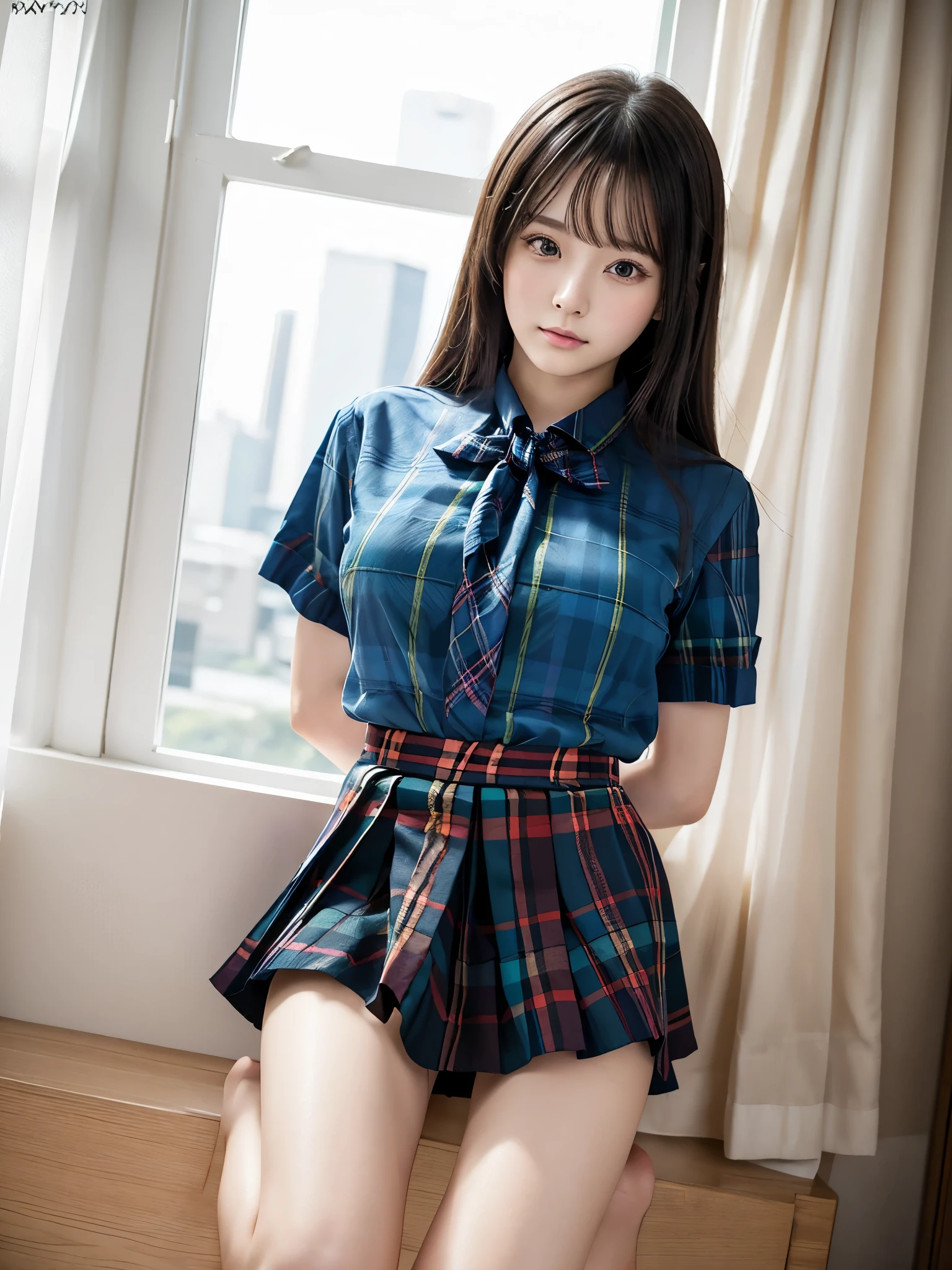 8k, Raw photo, Highest quality, masterpiece:1.2), masterpiece, Highest quality, figure, Very detailed, Fine details, High resolution, 8k,wallpaper, Perfect dynamic composition,(Detailed high quality, Realistic depiction of eyes:1.3)、A woman who has been  and has her hands tied、Arms wrapped around his back, hands tie behind bacｋ, Inside a beautiful hotel room at night、Crouching、Outside the window is a night view、((( With legs wide open、Her white panties are visible between her skirt and legs.)))、(((Blue Short Sleeve Blouse、Tartan plaid pleated skirt)))、whole body、The whole thing faces forward、21 years old、I am a TV personality.、Beauty、Well-formed face、Make your eyes even、Beautiful black hair、Has bangedium build、Well-balanced proportions、Beautiful legs、Fresh face、Beautiful scenery、(((Viewers gaze forward)))、