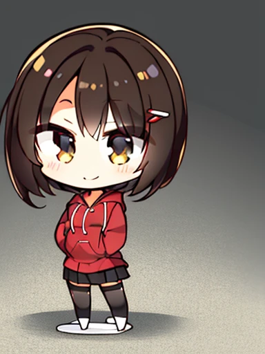 One girl,alone,chibi,smiling,1girl,high_resolution,standing,bangs,(red_hoodie:1.3),(black_pleated_skirt:1.35),bob_hair,brown_hair,独奏,black_skirt,blush,skirt,classroom,breasts,eyebrows_ass visible_through_hair,short_hair,smile,red_eyes,looking_at_viewer,thighhighs,long_sleeves,medium_hair,thighs,hair_ornament,hairclip,medium_breasts,shoes,zettai_ryouiki,hood,hoodie,sneakers,brown_legwear,hood_down,sleeves_past_wrists,drawstring,red_hoodie,expensive_solve, clear_image, expensive_Contrast, 8k, Sparkling, beautiful_detailed_face_and_eye, (Brown Hair:1.25), 白 eye,