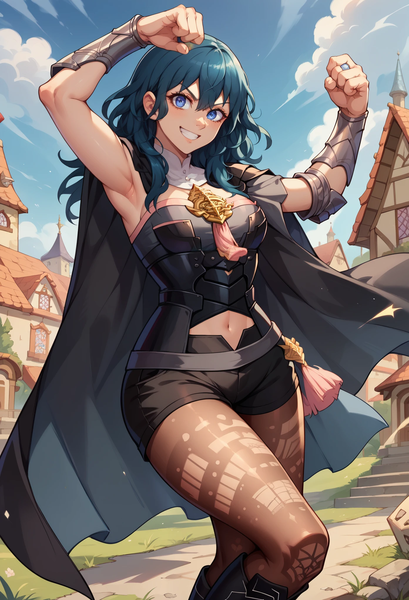 score_9,score_8_up,score_7_up, 1girl, solo, defByl, blue hair, blue eyes, black cape, detached collar, amulet, tassel, bodice, black armor, navel cutout, vambraces, black shorts, print legwear, brown pantyhose, black boots, smiling, fight pose, looking at you, medieval town