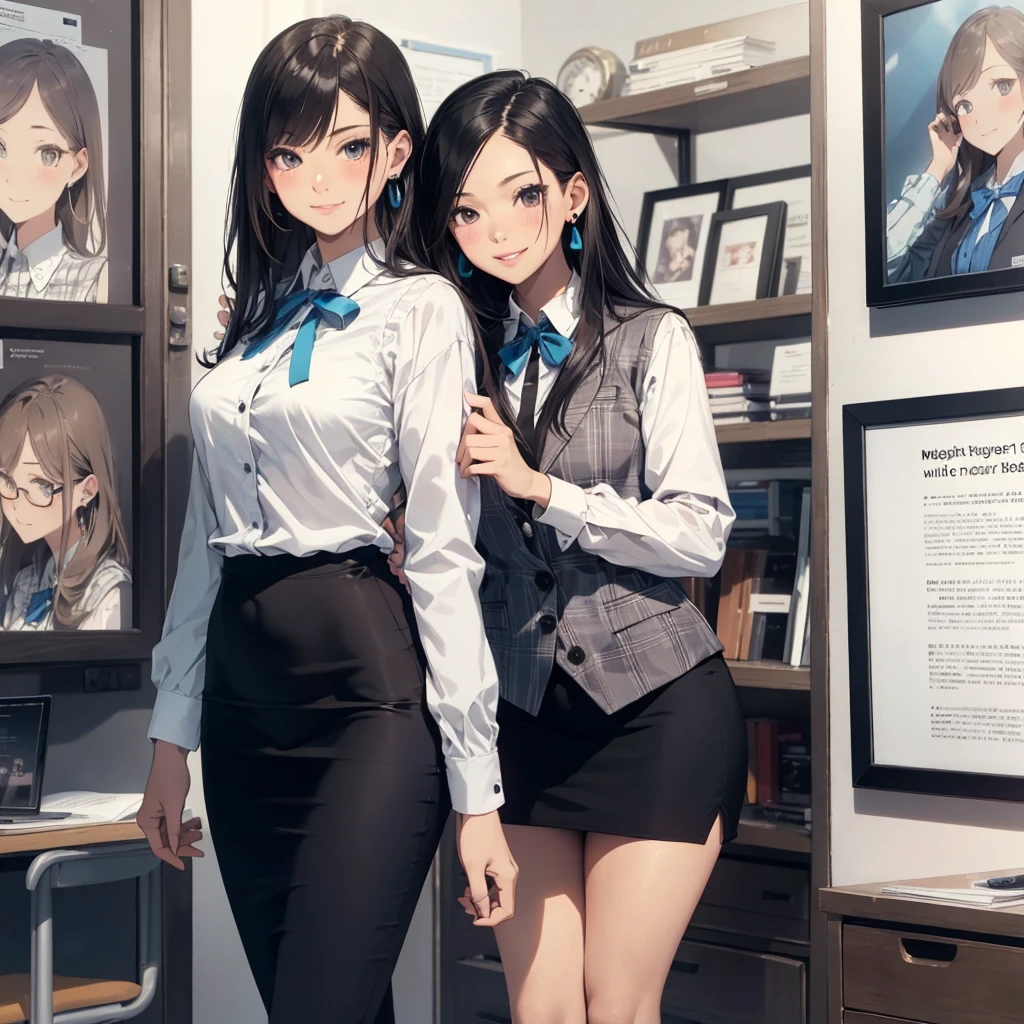 (Best Quality, Masterpiece),Wearing a pink plaid vest, White short sleeved shirt, Gray pencil skirt, Wear stiletto heels, Necklace, earrings, Cute face, Smile, Blushing, Shyness, Glass wall, Ultra Detail, Realistic, Front view, Whole body, stunning, cute, warm smile, hourglass figure, apron, text, chart, advertising, magazine title(Best Quality, Masterpiece), Mag((((1ladyl,)))) (masterpiece), (realistic), (best quality), (ultra-detailed), (wearing in [[white and gray check pattern]] Vest worn over white collared long-sleeved shirt:1.4), (gray vest with buttons:1.2), (Pink Theme:1.2), (blue ribbon ribbon:1.3), (Black theme:1.4), (Tight black pencil skirt:1.5), ((Brown pantyhose)), (high-heels:1.1),longskirt,office desk, office chair,Lulubre Unity 8K Wallpaper, pantyshot, long brown hair, office lady Magazine Cover, 1girl,  amazing, girl, 30 years old, house wiife, warm smile, hourglass figure, text, chart, advertising, magazine title