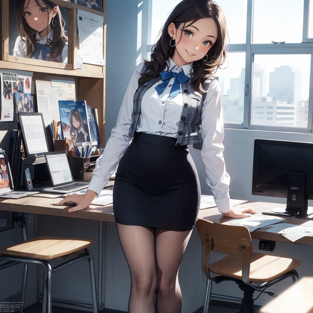 (Best Quality, Masterpiece),Wearing a pink plaid vest, White short sleeved shirt, Gray pencil skirt, Wear stiletto heels, Necklace, earrings, Cute face, Smile, Blushing, Shyness, Glass wall, Ultra Detail, Realistic, Front view, Whole body, stunning, cute, warm smile, hourglass figure, apron, text, chart, advertising, magazine title(Best Quality, Masterpiece), Mag((((1ladyl,)))) (masterpiece), (realistic), (best quality), (ultra-detailed), (wearing in [[white and gray check pattern]] Vest worn over white collared long-sleeved shirt:1.4), (gray vest with buttons:1.2), (Pink Theme:1.2), (blue ribbon ribbon:1.3), (Black theme:1.4), (Tight black pencil skirt:1.5), ((Brown pantyhose)), (high-heels:1.1),longskirt,office desk, office chair,Lulubre Unity 8K Wallpaper, pantyshot, long brown hair, office lady Magazine Cover, 1girl,  amazing, girl, 30 years old, house wiife, warm smile, hourglass figure, text, chart, advertising, magazine title