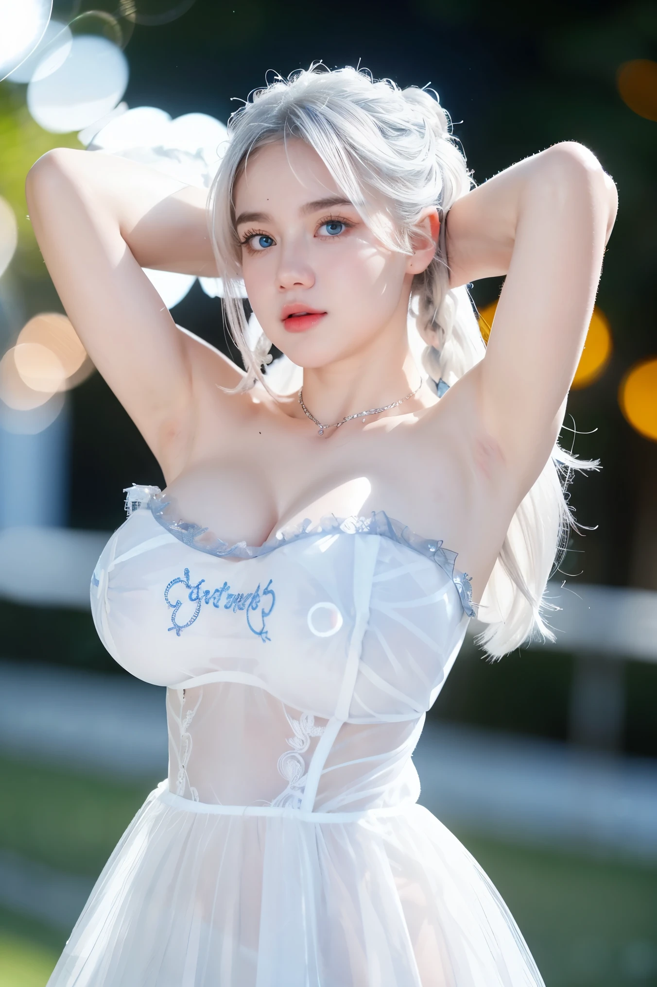 Georgeous, Beautiful, Cute, Baby Face, 18 Years Old, White Skin, Cleavage, ((Large Colossal Breast:1.3)), Sleeveless, Off Shoulder, Strapless, ((Transparent:1.3)), ((White Long ta Dress)), (Embroidery), Posing, ((Silver Hair)), ((Bright Blue Eye)), ((Muscles:1.2)), ((Bokeh:1.3)), Animal Farmer Background, Masterpiece, Twintails, Arms Up