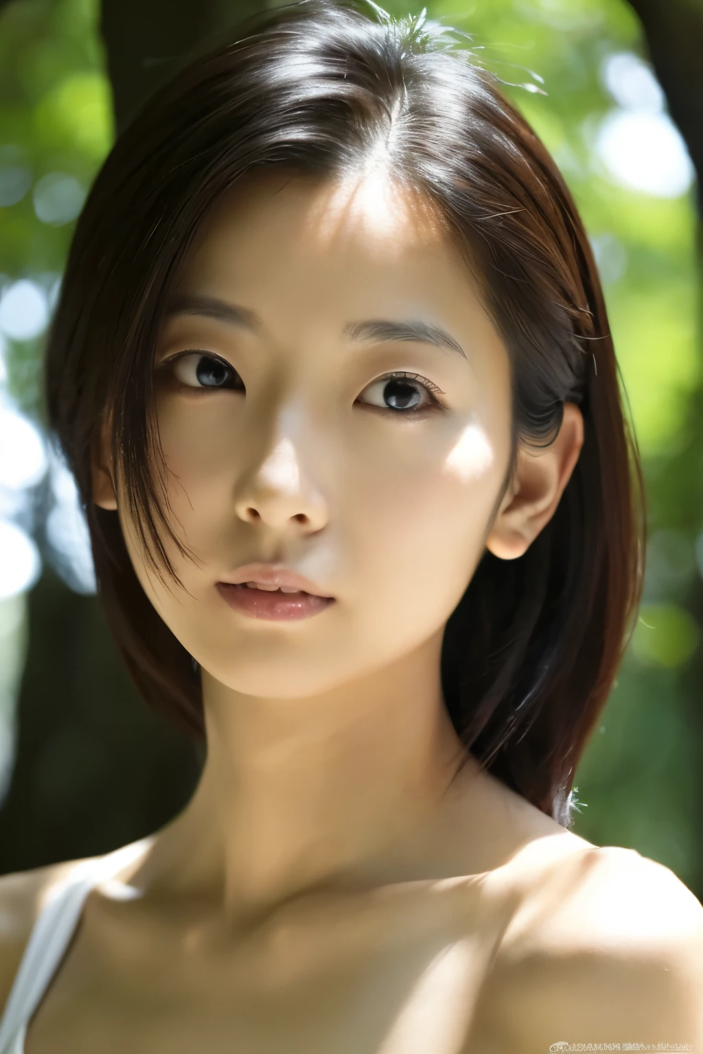 cinematic photo, Skinny Japanese woman, 30 years old, cute face, detailed face, detailed eyes, bare shoulders, tanktop, very thin waist, (face upward:0.7), looking at viewer, (sun light and tree shadow on the face), (masterpiece:1.2), (best quality:1.2), (extremely detailed:1.2), (photorealistic:1.1), (ultra detailed), . 35mm photograph, film, bokeh, professional, 4k, highly detailed