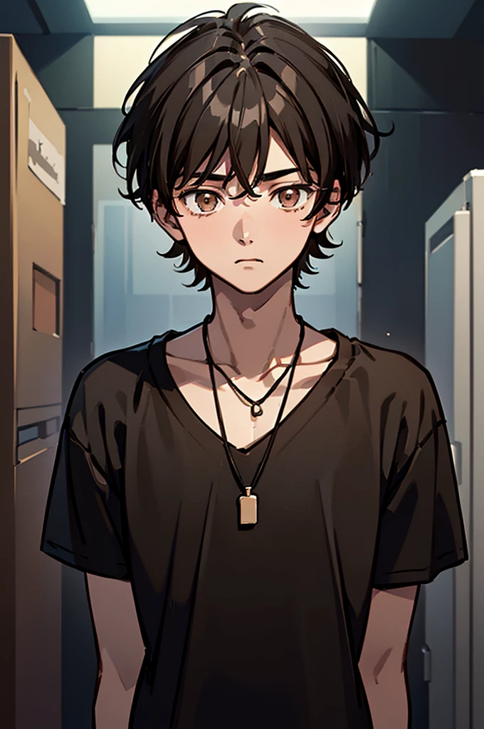 masterpiece、high quality、(17-year-old man with brown eyes and short black hair.:1.5)、(alone:1.5)、wearing black t-shirt、(sad;1.1), stopped, straight posture ,Bold composition、sky quartz necklace