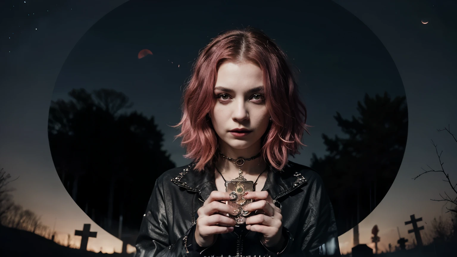 ((best quality)), ((masterpiece)), (detailed), goth, graveyard, hot girl, sad, cute, bright pink hair, dark ,haunted, blood moon, tarot, night, ghosts, bats in the sky,