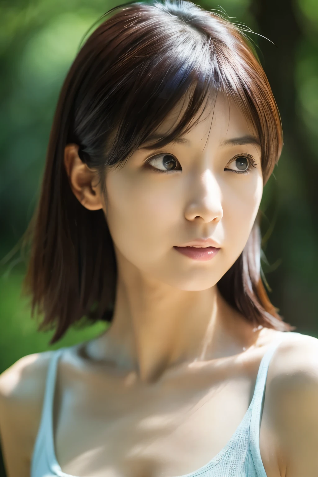 cinematic photo, Skinny Japanese woman, 30 years old, cute face, detailed face, detailed eyes, bare shoulders, tanktop, very thin waist, (face upward:0.7), looking at viewer, (sun light and tree shadow on the face), (masterpiece:1.2), (best quality:1.2), (extremely detailed:1.2), (photorealistic:1.1), (ultra detailed), . 35mm photograph, film, bokeh, professional, 4k, highly detailed