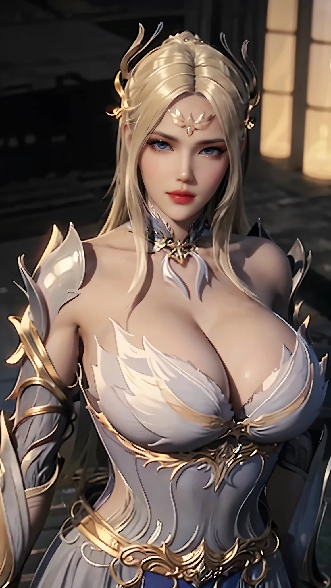 TEKKEN_REINA, CLOSE UP UPPER BODY,SOLO, COWBOY SHOT, ((EVIL DRAGON HELM,CAUCASIAN BLONDE HAIR)), (GIGANTIC FAKE BREASTS,11 LINE ABS:1.5), ((WEARING OUTFIT SFW WARRIOR TRADITIONAL CHINESE GODDESS FULL ARMORED, SFW BREASTPLATE ARMOR DETAILED:1.5)), (MUSCULAR BODY SHAPE:1.5), (CLEAN GLOSSY BODYSKIN:1.5), (LOOKING AT VIEWER:1.6), (BACKGROUND FUTURISTIC SPACE STATION:1), (PHOTOREALSITIC:1.4), (ULTRA-DETAILLIERT), (TOP-QUALITY), (BEST SHADOWS), BRIGHT LIGHT IN ROOM, HYPER TEXTURE, (4X MSAA), ((UNREAL ENGINE 5 RENDER)), (NEON), PHYSICALLY-BASED RENDERING, ULTRA HIGHT DEFINITION, 16K, 1080P.