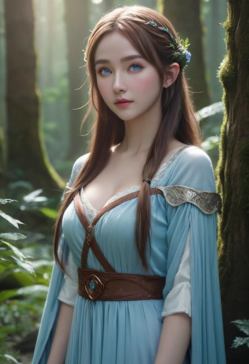 ((masterpiece)), ((best quality)), (ultra-detailed), ((kawaii)), cute, (lovely), (sexy), ((extremely detailed)), 4K, (8K), best quality, (beautiful), photorealistic, portrait, legendary, elf, a cute girl, solo, sorceress, ancient forest, mystical, aura, flowing robes, glowing, runes, wisdom, magic, serene, timeless, beautiful blue eyes, cinematic lighting,