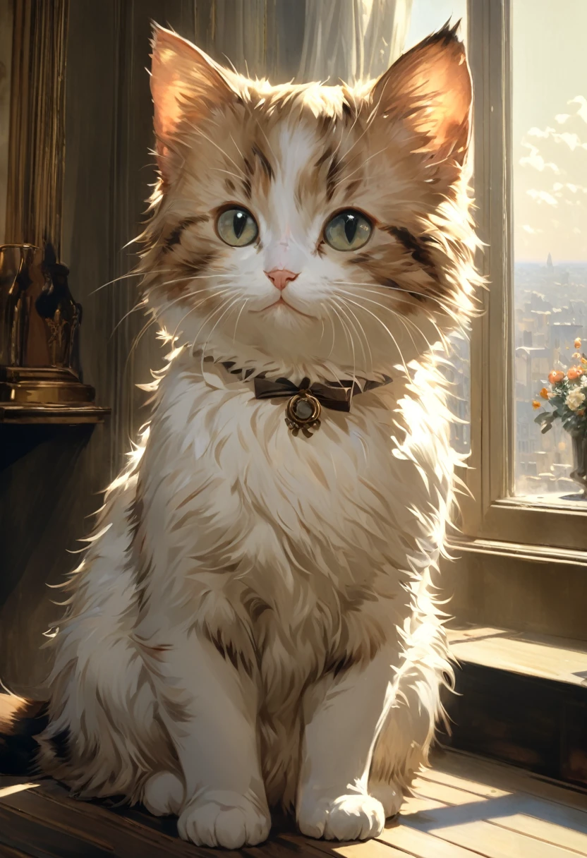 Cute munchkin cat greets viewers, Pierre＝Art by Auguste Renoir and Jeremy Mann, (Viewpoint angle:1.2), Realistic, Ray Tracing, Beautiful lighting,masterpiece