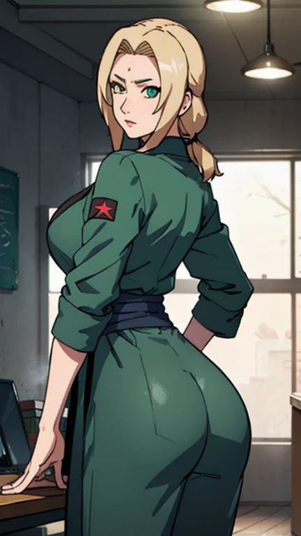 tsunade, hair blonde, Breasts huge, mature woman,huge ass, blue pants, green coat, chest bandage (work of art:1.2, best qualityer:1.2, comely, high qualiy, high resolution:1.1, aesthetics), detailded, extremely detailded, soft ambient lighting, 4K, perfect lighting