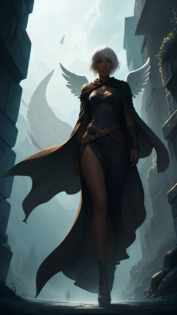 an angel brown skin woman, white wings, black dress, black cloak, long straight, white hair, Baby Bangs.  (dungeons and dragons art), (fantasy), (defined lines), (flat saturated colors), (cinematic composition), (perspective), (scketch style)