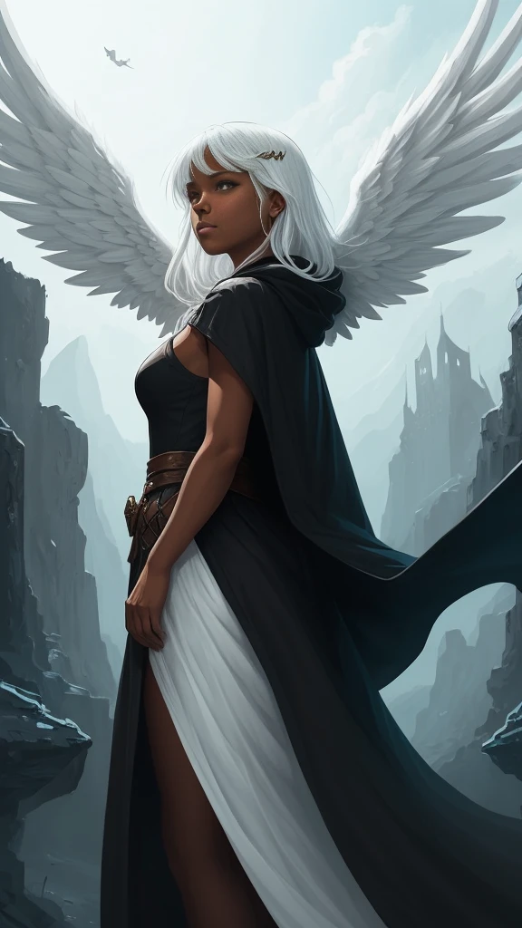 an angel brown skin woman, white wings, black dress, black cloak, long straight, white hair, Baby Bangs.  (dungeons and dragons art), (fantasy), (defined lines), (flat saturated colors), (cinematic composition), (perspective), (scketch style)