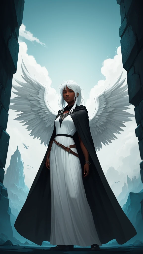 an angel brown skin woman, white wings, black dress, black cloak, long straight, white hair, Baby Bangs.  (dungeons and dragons art), (fantasy), (defined lines), (flat saturated colors), (cinematic composition), (perspective), (scketch style)