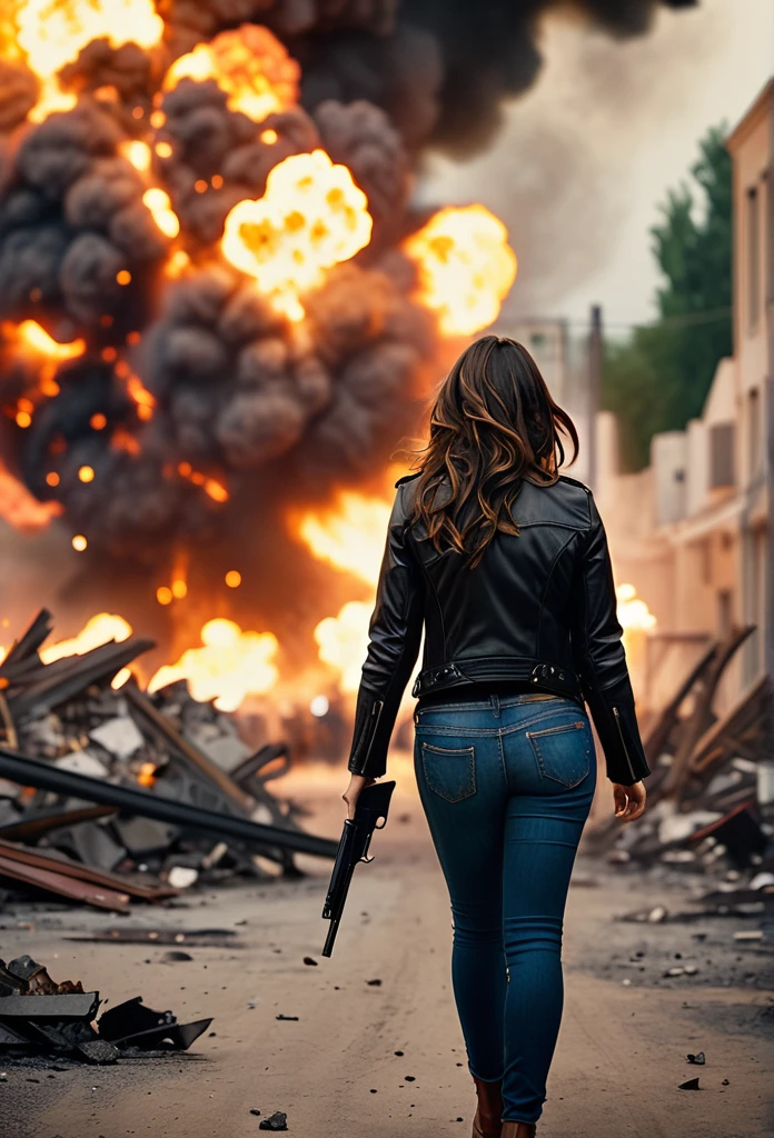 Preity Zinta long brown hair, walking towards the audience, pointing a gun, big explosion in the background, debris flying everywhere, black leather jacket, jeans, fire, smoke, shallow depth of field, vignette, very detailed, big budget, bokeh, cinemascope, moody, epic, beautiful, film grain, grainy