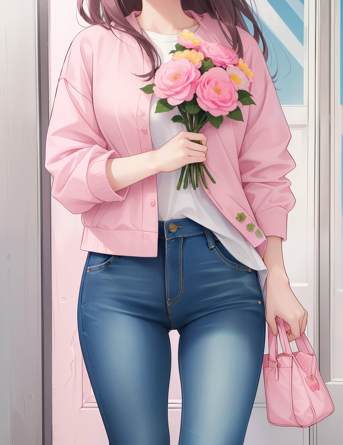 a close up of a woman holding a bouquet of flowers, cropped shirt with jacket, kawaii shirt and jeans, casual clothes, pink clothes, casual clothing style, cute casual streetwear, casual clothing, outfit photo, with soft pink colors, beautiful clothes, pink pastel, cute outfit, pastel style, cute style, in pastel colors, detailed clothes, wearing casual clothes