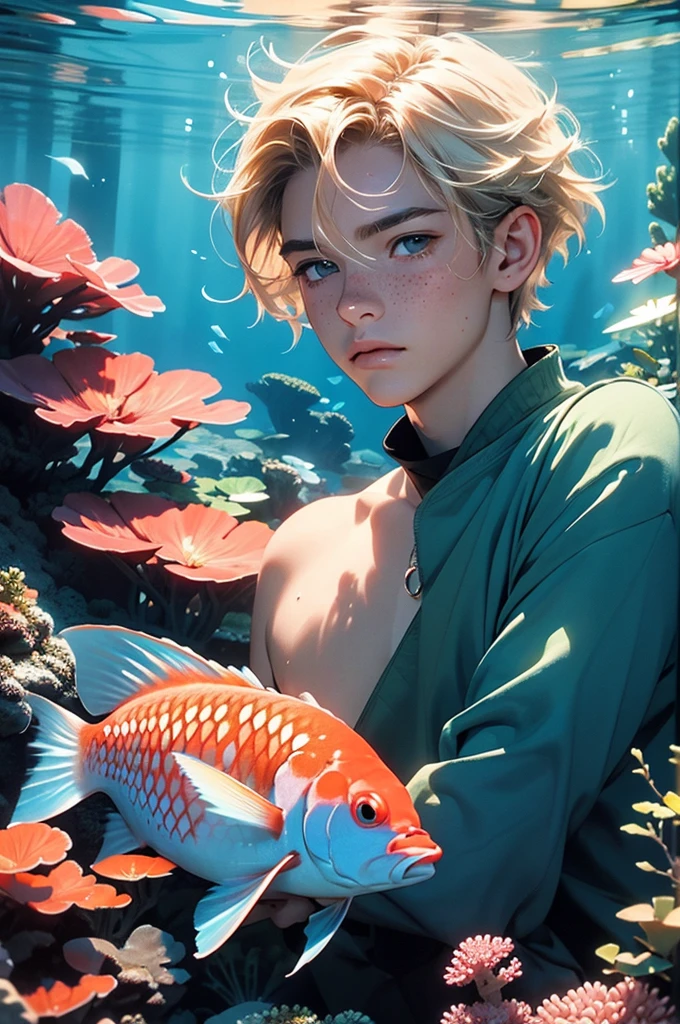 a young male tritton with medium-length blond hair, freckles, scales on certain parts of body, underwater, fish, coral, submarine vegetation, shell, clear water, tritton, long eyelashes, realistic, photorealistic, photo-realistic:1.37, 4k, ultra-detailed, extremely detailed, hyperrealistic, highly detailed, masterpiece:1.2, vibrant colors, natural lighting, cinematic, dramatic, fantasy, magical, surreal, ethereal, serene, tranquil, atmospheric, bubble, no clothes, fish man, anemone, corals.