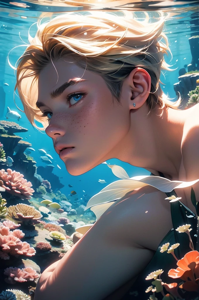 a young male tritton with medium-length blond hair, freckles, scales on certain parts of body, underwater, fish, coral, submarine vegetation, shell, clear water, tritton, long eyelashes, realistic, photorealistic, photo-realistic:1.37, 4k, ultra-detailed, extremely detailed, hyperrealistic, highly detailed, masterpiece:1.2, vibrant colors, natural lighting, cinematic, dramatic, fantasy, magical, surreal, ethereal, serene, tranquil, atmospheric, bubble, no clothes, fish man, anemone, corals.
