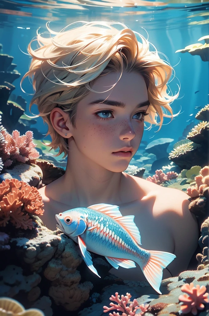 a young male tritton with medium-length blond hair, freckles, scales on certain parts of body, underwater, fish, coral, submarine vegetation, shell, clear water, tritton, long eyelashes, realistic, photorealistic, photo-realistic:1.37, 4k, ultra-detailed, extremely detailed, hyperrealistic, highly detailed, masterpiece:1.2, vibrant colors, natural lighting, cinematic, dramatic, fantasy, magical, surreal, ethereal, serene, tranquil, atmospheric, bubble, no clothes, fish man, anemone, corals.