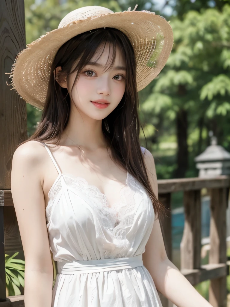 ((masterpiece: 1.3),8k, Realistic, RAW Photos, Highest quality: 1.4),whole body、 (One Girl), beautiful顔, (Realistic Face), (Brown long hair: 1.3), bangs,  Perfect dynamic composition,(High quality with attention to detail, Realistic depiction of eyes:1.3)、(((From below、Show your pants、White lace dress、Straw hat、Hold the hat in your hand)))、 profile、２１talent、beauty、Well-formed face、Make the eyes even、Banditium Build、Balanced ratio、beautiful足、Fresh face、beautiful景色、beautifulヘアスタイル, (bangs), (smile), smile, Realistic eyes, Gloss, highlight, highlight in the Eyes, eyelash, 目の中のbeautifulディテール, (Realistic Skin), Shooting from the air、beautiful肌, Transparency、(beautiful)、 smile, teeth, Confused, charm, 超High resolution, Ultra-realistic, High resolution, Golden Ratio, clear eyes, Wet, Looking into the camera, ear, Shine, Long neck, double eyelid, Thin eyebrows、Big eyes, cheek, kind character, charm personality, kind, 圧倒的なcharm, bright personality