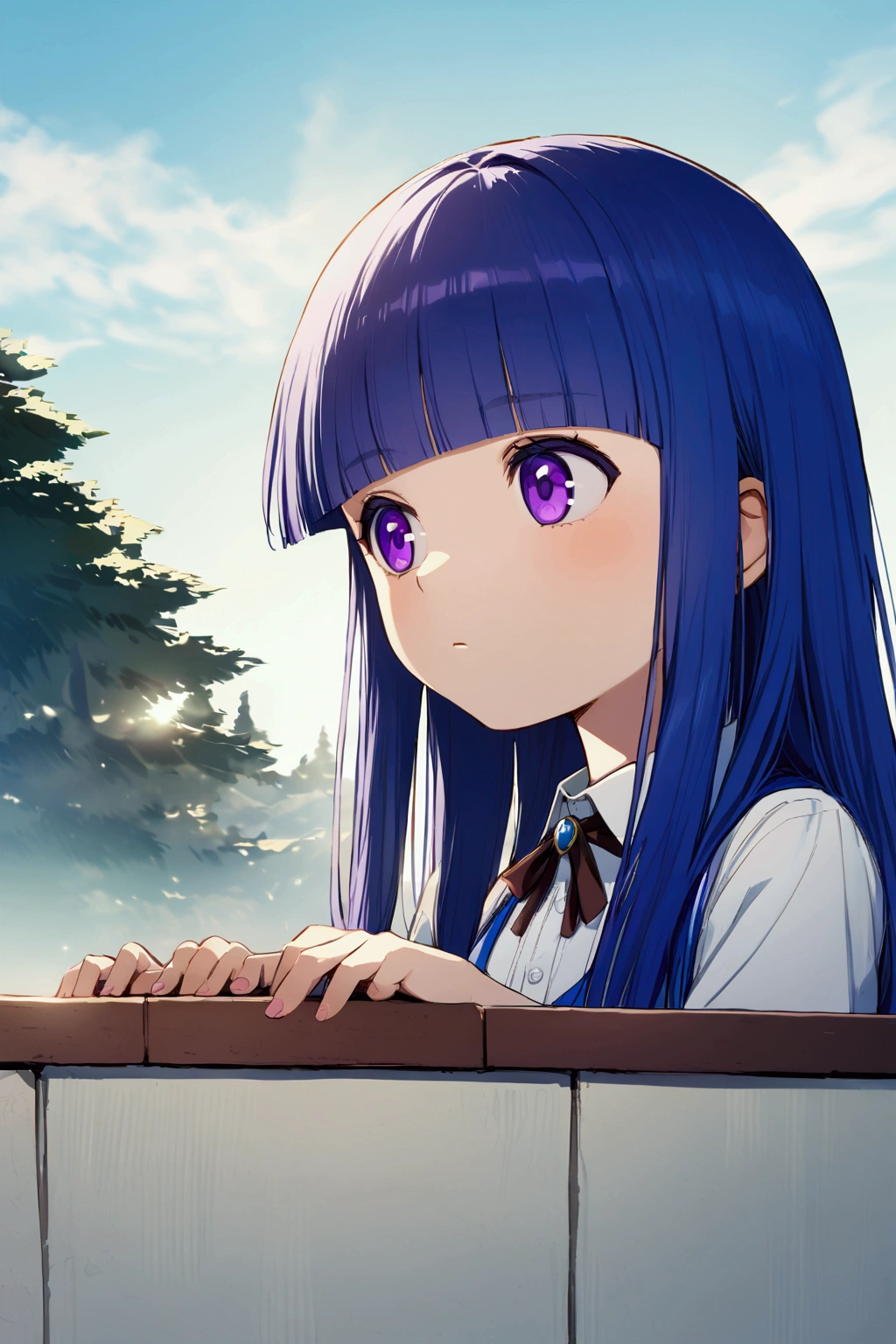 girl, alone, (Rich Pine), Blue Hair, Purple eyes, Long Hair, blunt bangs, bangs, I'11 years old,