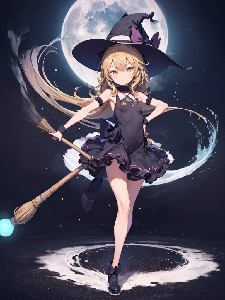 One girl,(alone),Very fine grain,whole body,(Small breasts:1),Dynamic pose,kirisame marisa,Ride a broom,Standing on a broom,Yellow Eyes,Night Sky,