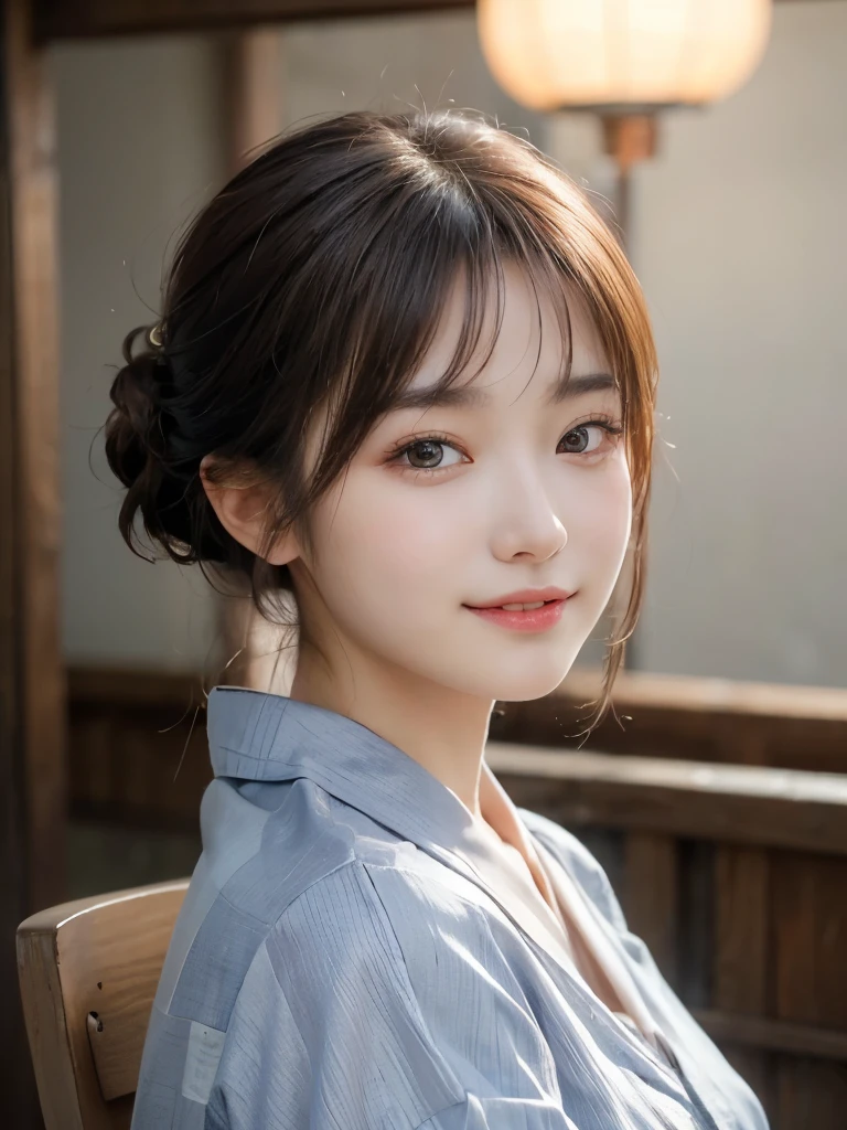 ((masterpiece: 1.3),8k, Realistic, RAW Photos, Highest quality: 1.4),whole body、 (One Girl), beautiful顔, (Realistic Face), (Brown long hair: 1.3), bangs,  Perfect dynamic composition,(High quality with attention to detail, Realistic depiction of eyes:1.3)、(((Japanese Festivals、yukata、Updo、night、stall)))、 profile、２１talent、beauty、Well-formed face、Make the eyes even、Banditium Build、Balanced ratio、beautiful足、Fresh face、beautiful景色、beautifulヘアスタイル, (bangs), (smile), smile, Realistic eyes, Gloss, highlight, highlight in the Eyes, eyelash, 目の中のbeautifulディテール, (Realistic Skin), Shooting from the air、beautiful肌, Transparency、(beautiful)、 smile, teeth, Confused, charm, 超High resolution, Ultra-realistic, High resolution, Golden Ratio, clear eyes, Wet, Looking into the camera, ear, Shine, Long neck, double eyelid, Thin eyebrows、Big eyes, cheek, kind character, charm personality, kind, 圧倒的なcharm, bright personality