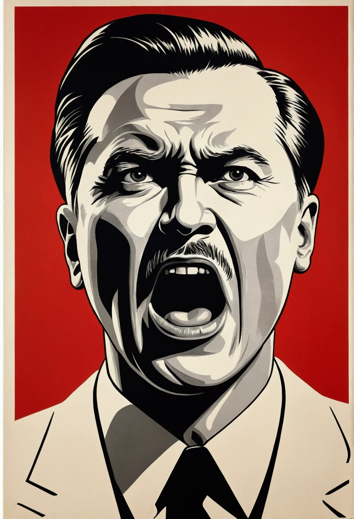 soviet era poster, man portrait, expressive, fist, protest, high contrast, open mouth, crazy, angry, screaming, evil, oral invitation, Cubist Futurism, Minimalism, American propaganda poster, Pop art, dithering, drop shadow, halftone, silhouette, Surrealism, award winning, best quality, masterpiece, anatomically correct