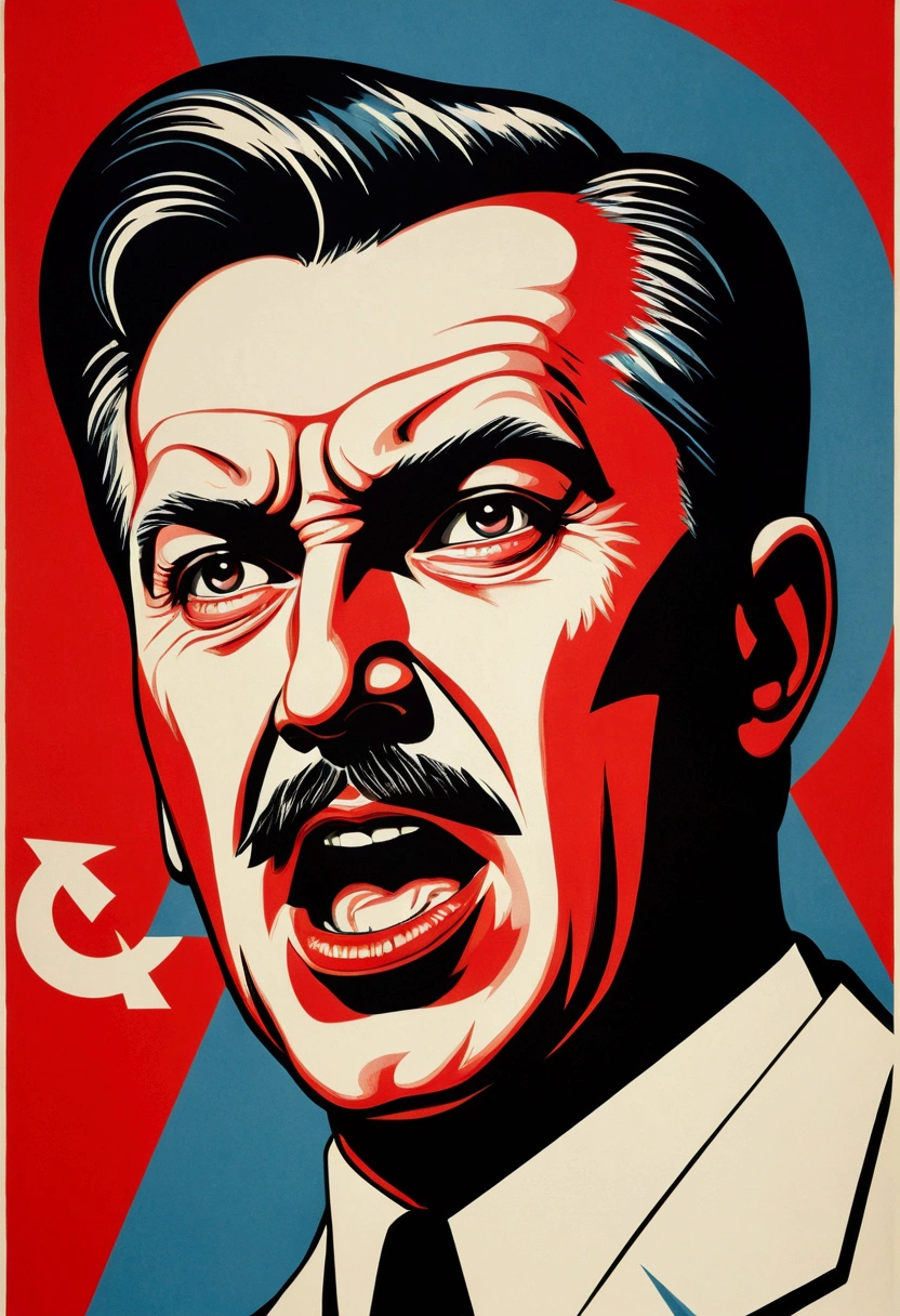 soviet era poster, man portrait, expressive, fist, protest, high contrast, open mouth, crazy, angry, screaming, evil, oral invitation, Cubist Futurism, Minimalism, American propaganda poster, Pop art, dithering, drop shadow, halftone, silhouette, Surrealism, award winning, best quality, masterpiece, anatomically correct