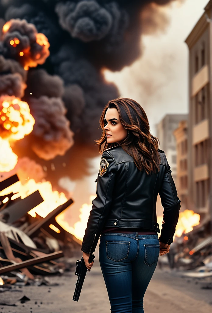 Preity Zinta long brown hair, walking towards the audience, pointing a gun, big explosion in the background, debris flying everywhere, black leather jacket, jeans, fire, smoke, shallow depth of field, vignette, very detailed, big budget, bokeh, cinemascope, moody, epic, beautiful, film grain, grainy