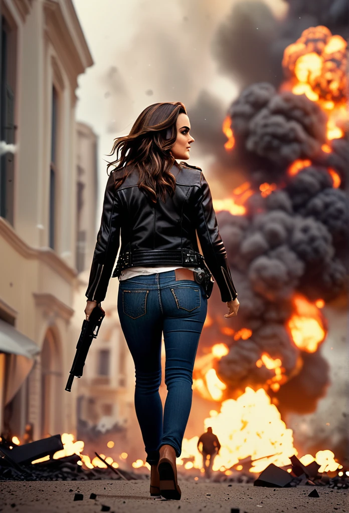 Preity Zinta long brown hair, walking towards the audience, pointing a gun, big explosion in the background, debris flying everywhere, black leather jacket, jeans, fire, smoke, shallow depth of field, vignette, very detailed, big budget, bokeh, cinemascope, moody, epic, beautiful, film grain, grainy