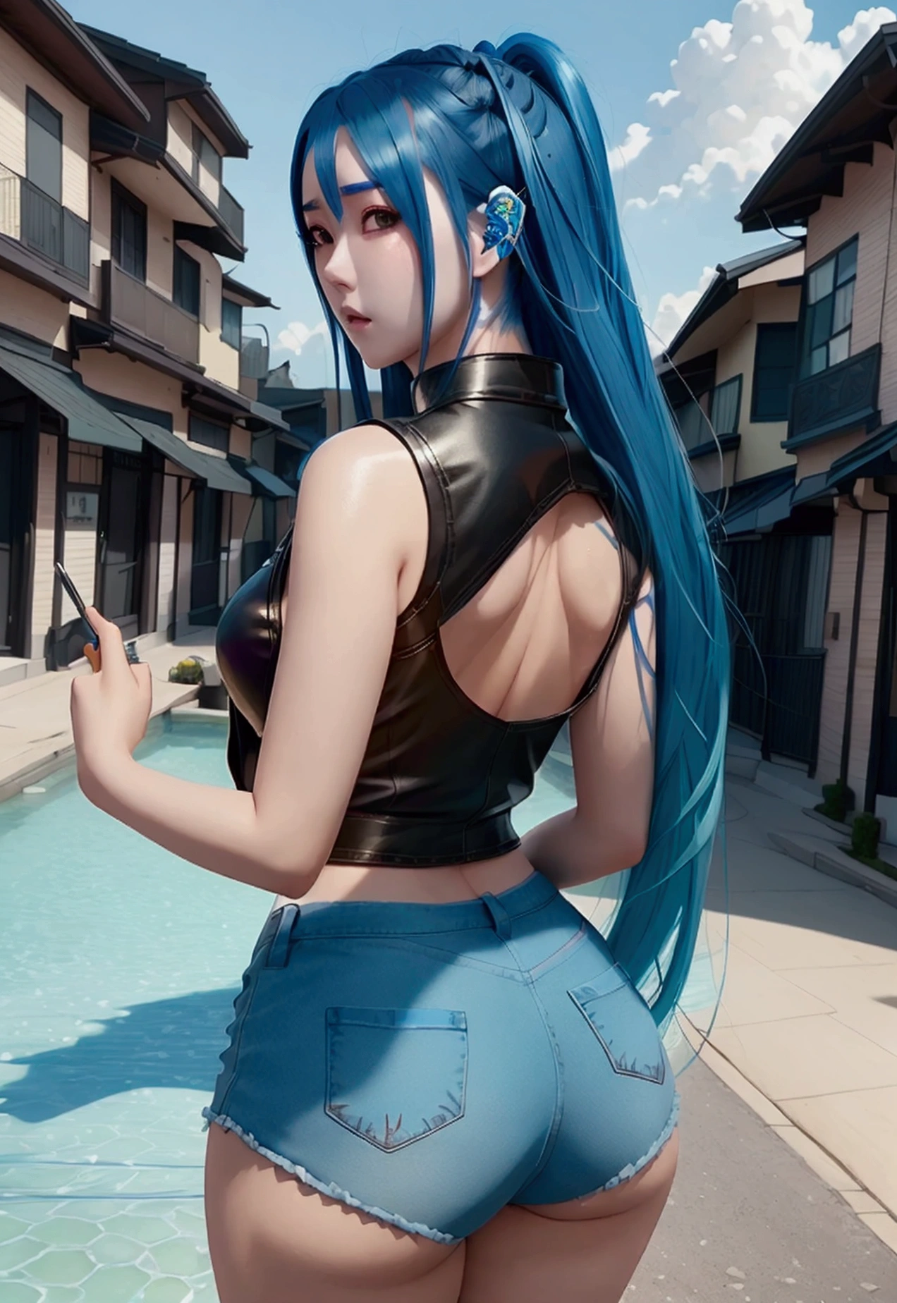 There is a blue-haired woman, Guweiz style art, Guweiz, beautiful character painting, Guweiz in ArtStation Pixiv, Guweiz in Pixiv ArtStation, stunning anime face portrait, beautiful digital art, Wlop Rossdraws, Guweiz Masterpiece, detailed digital anime art  wearing short shorts