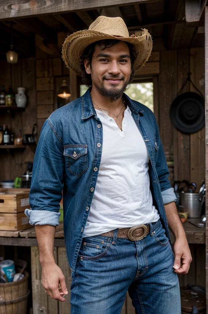 Mateo Rivera (Colombian)
Mateo is a tall, muscular man with a warm, inviting smile. He has dark, curly hair that he often wears under a straw cowboy hat. His skin is tanned from spending time outdoors, and his dark brown eyes are full of energy and passion. He sports a well-groomed beard that adds to his rugged charm. Mateo usually dresses in plaid shirts and jeans, embodying a classic country style.
