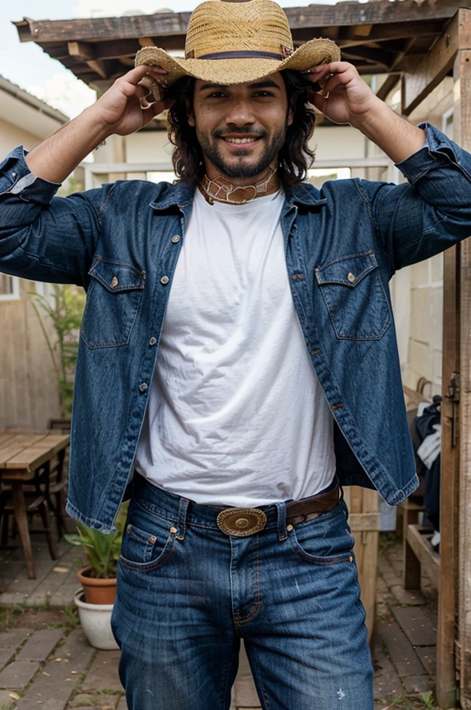 Mateo Rivera (Colombian)
Mateo is a tall, muscular man with a warm, inviting smile. He has dark, curly hair that he often wears under a straw cowboy hat. His skin is tanned from spending time outdoors, and his dark brown eyes are full of energy and passion. He sports a well-groomed beard that adds to his rugged charm. Mateo usually dresses in plaid shirts and jeans, embodying a classic country style.
