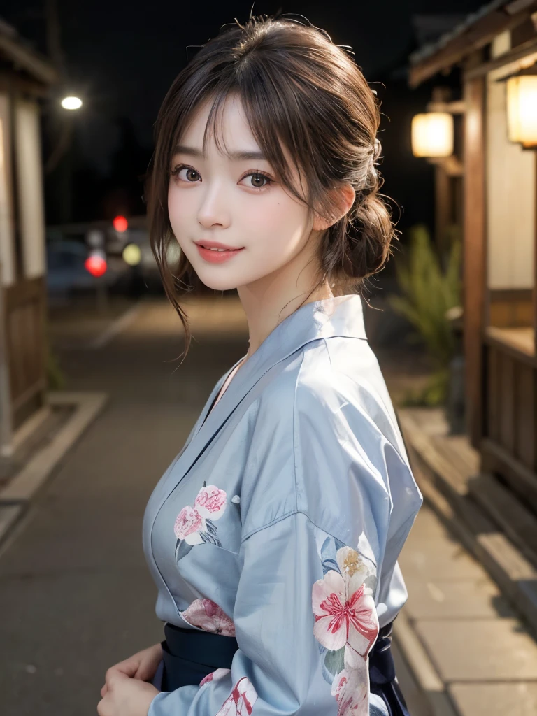 ((masterpiece: 1.3),8k, Realistic, RAW Photos, Highest quality: 1.4),whole body、 (One Girl), beautiful顔, (Realistic Face), (Brown long hair: 1.3), bangs, Perfect dynamic composition,(High quality with attention to detail, Realistic depiction of eyes:1.3)、(((Japanese Festivals、Light blue yukata with floral pattern、Updo、night、outside、stall)))、 profile、21talent、beauty、Well-formed face、Make the eyes even、Banditium Build、Balanced ratio、beautiful足、Fresh face、beautiful景色、beautifulヘアスタイル, (bangs), (smile), smile, Realistic eyes, Gloss, highlight, highlight in the Eyes, eyelash, 目の中のbeautifulディテール, (Realistic Skin), Shooting from the air、beautiful肌, Transparency、(beautiful)、 smile, teeth, Confused, charm, 超High resolution, Ultra-realistic, High resolution, Golden Ratio, clear eyes, Wet, Looking into the camera, ear, Shine, Long neck, double eyelid, Thin eyebrows、Big eyes, cheek, kind character, charm personality, kind, 圧倒的なcharm, bright personality