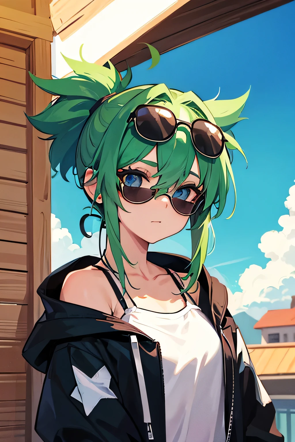 girl with green hair in headphones with a star tattoo on her face and sun protective glasses stands on a roof under a blue sky