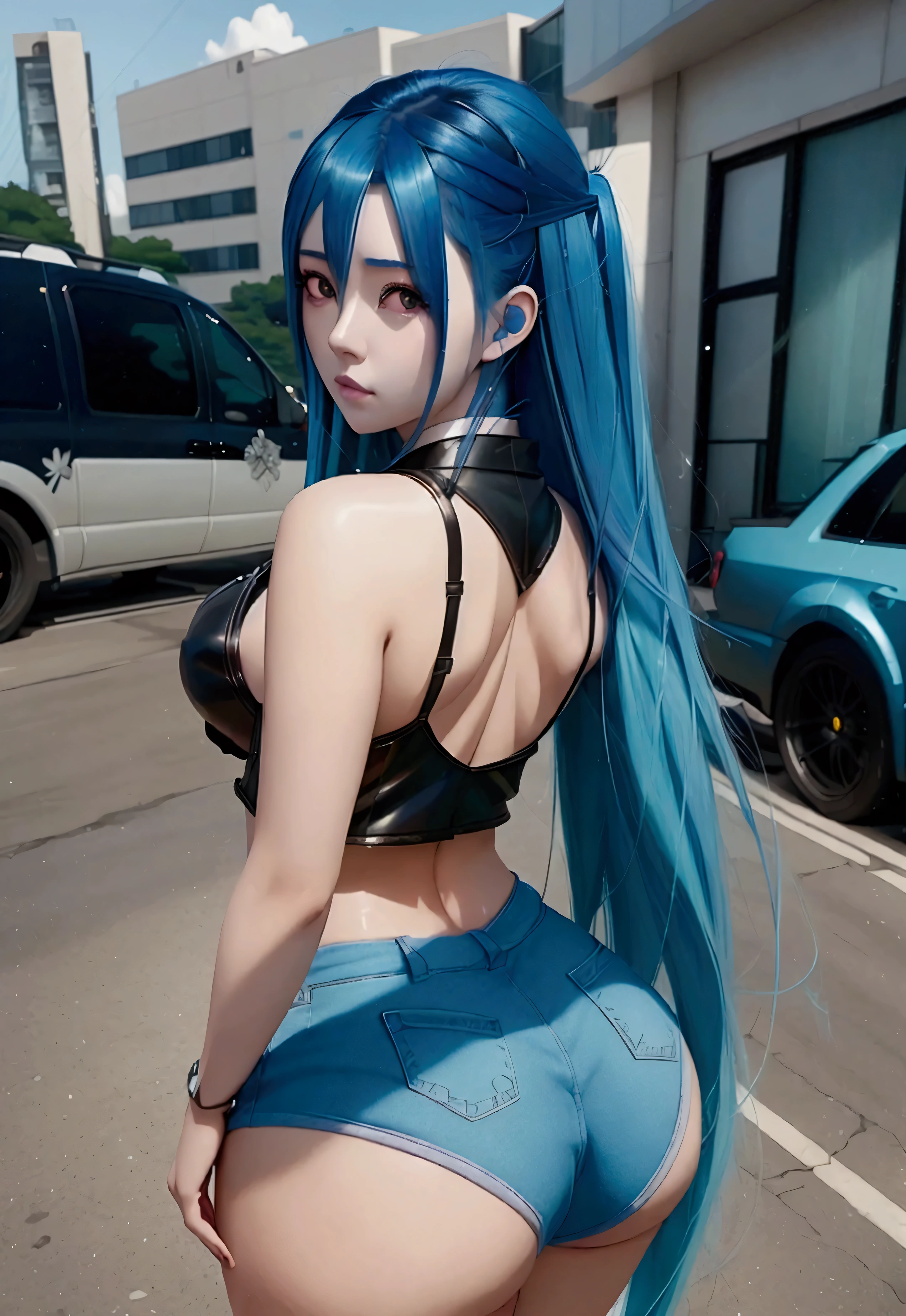 There is a blue-haired woman, Guweiz style art, Guweiz, beautiful character painting, Guweiz in ArtStation Pixiv, Guweiz in Pixiv ArtStation, stunning anime face portrait, beautiful digital art, Wlop Rossdraws, Guweiz Masterpiece, detailed digital anime art  wearing short shorts