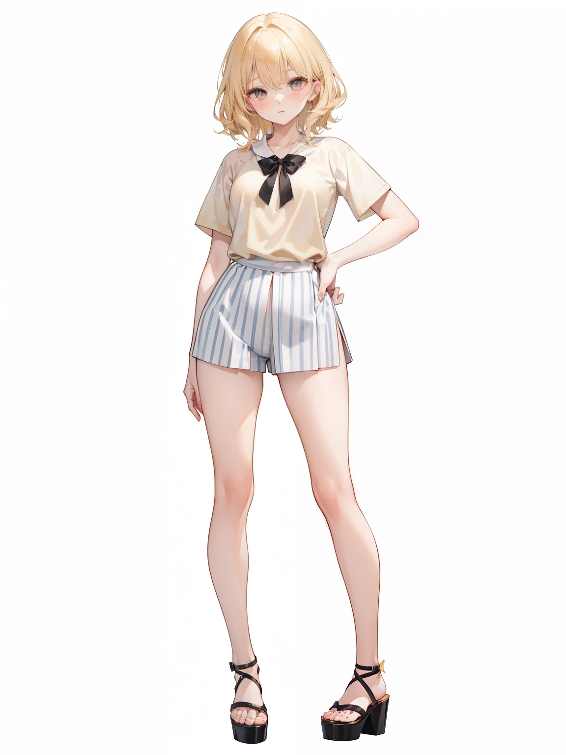 Dynamic posing, dynamic angle, Arrange pose,Top quality work,Show Legs,((short wavy Creamy Golden Blonde hair)),(Creamy Blonde hair),(short hair),(wavy hair),(golden eyes), , lovely red lips, Rose cheeks, Pretty Face, A perfectly proportioned face, (casual home clothes), wearing long oversized shirt and panties, white stockings,in her room,full-body view, amazing, Large round chest、Beautiful eye details、Beautiful eyelashes、beautiful double eyelid, with blush cheeks, shy, basically popping out of the shirt