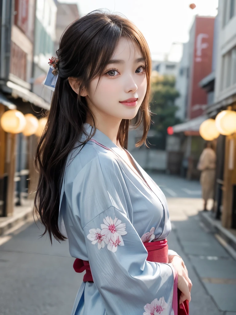 ((masterpiece: 1.3),8k, Realistic, RAW Photos, Highest quality: 1.4),whole body、 (One Girl), beautiful顔, (Realistic Face), (Brown long hair: 1.3), bangs,  Perfect dynamic composition,(High quality with attention to detail, Realistic depiction of eyes:1.3)、(((Japanese Festivals、Light blue yukata with floral pattern、Updo、night、outside、Fireworks)))、 profile、２１talent、beauty、Well-formed face、Make the eyes even、Banditium Build、Balanced ratio、beautiful足、Fresh face、beautiful景色、beautifulヘアスタイル, (bangs), (smile), smile, Realistic eyes, Gloss, highlight, highlight in the Eyes, eyelash, 目の中のbeautifulディテール, (Realistic Skin), Shooting from the air、beautiful肌, Transparency、(beautiful)、 smile, teeth, Confused, charm, 超High resolution, Ultra-realistic, High resolution, Golden Ratio, clear eyes, Wet, Looking into the camera, ear, Shine, Long neck, double eyelid, Thin eyebrows、Big eyes, cheek, kind character, charm personality, kind, 圧倒的なcharm, bright personality