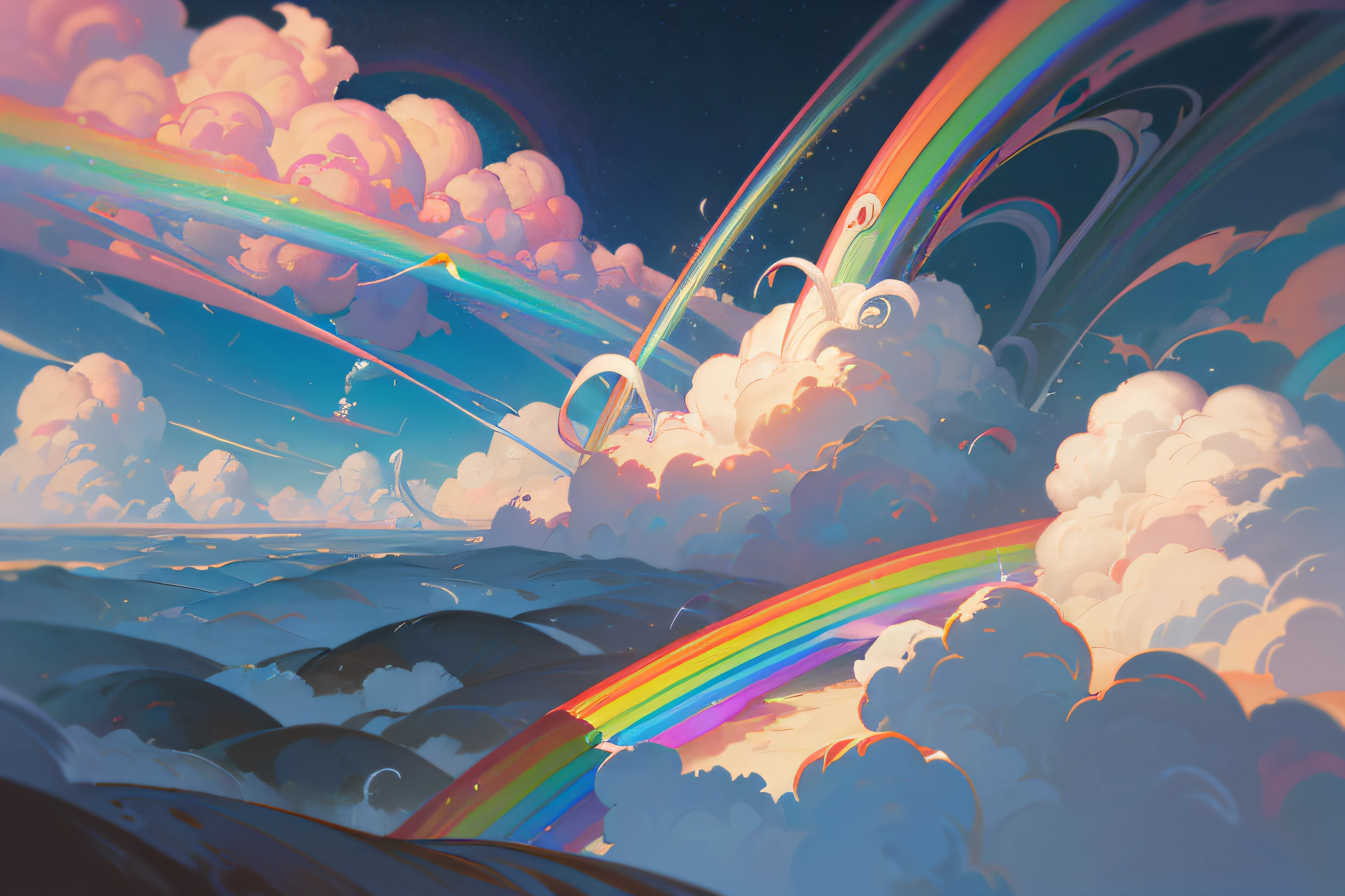painting of a large cloud with a rainbow swirl coming out of it, a surrealist painting by Michael Sutfin, shutterstock contest winner, surrealism, android jones and rhads, cloud vortex, thick swirling tornado, surrealistic painting, surrealist landscape painting, thunder clouds modernism, surreal scene, surreal clouds, jacek yerka and vladimir kush, surreal painting