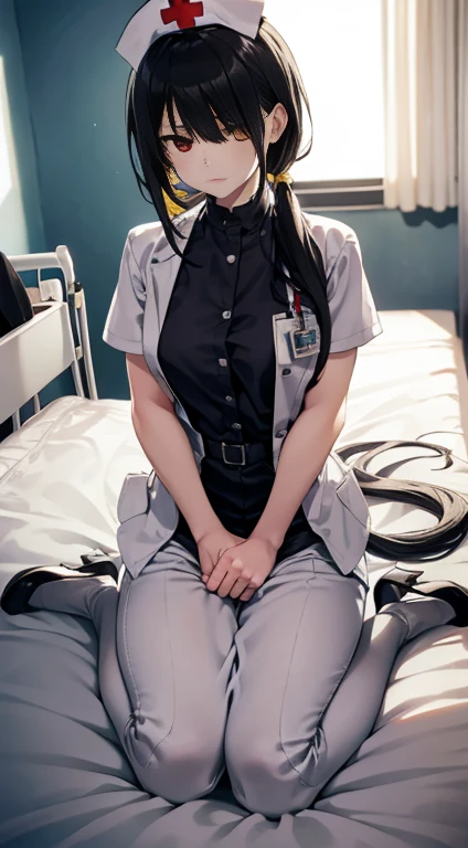 Kurosaki， Tokisaki Crazy Trio， Hair color black hair， Low double ponytail， （hair above one eye：1.5）， （Red eyes：1.2）， （Small under breasts：1.2）， Broken hips and thighs， beret，， white thighhig， Nurse hat， Nurses， Tokisaki Crazy Trio， Public comfort， كسر Inside， Pretending to be asleep， bed room， in interrupted form （featuring.tmasterpiece：1.2）， Best Quality， High accuracy， Unity wallpaper 8k， （Lamp light：0.8）， （beautiful eyes：1.6）， Prominent, Prominent, The face is very sensitive， Leithing perfect，CG Very detailed，（Perfect hand，Perfect anatomy），featuring.professionalartwork, Complex details, Field of view, Focus is sharp, Detailed depiction of, Realistic lighting, Popular topics on pixiv,(featuring.tmasterpiece:1.0),(The best_Quality:1.0), 超High accuracy, Very detailed, Photography, 8 k, High dynamic range, High accuracy, Ridiculous resources:1.2, Portela 400 string, Film grain, Focus is sharp, sad:1.2, Lens flare flare, (A vibrant one_The colors:1.2), (((Inside, Hospital details))), Anaros, 1 plump girl, Female maturity, Hair color black hair, Long gray hair, (Yellow eyes), Big breasts, Nurses, nurse uniform, High heels, soft skin, Hair sockets, (Single:1.4), (Full body like，cover breasts), Angry and ashamed, Angry and ashamed face，lying，Lying down in bed，The room was chaotic，nurse uniform，Transparent white clothes , Long trousers