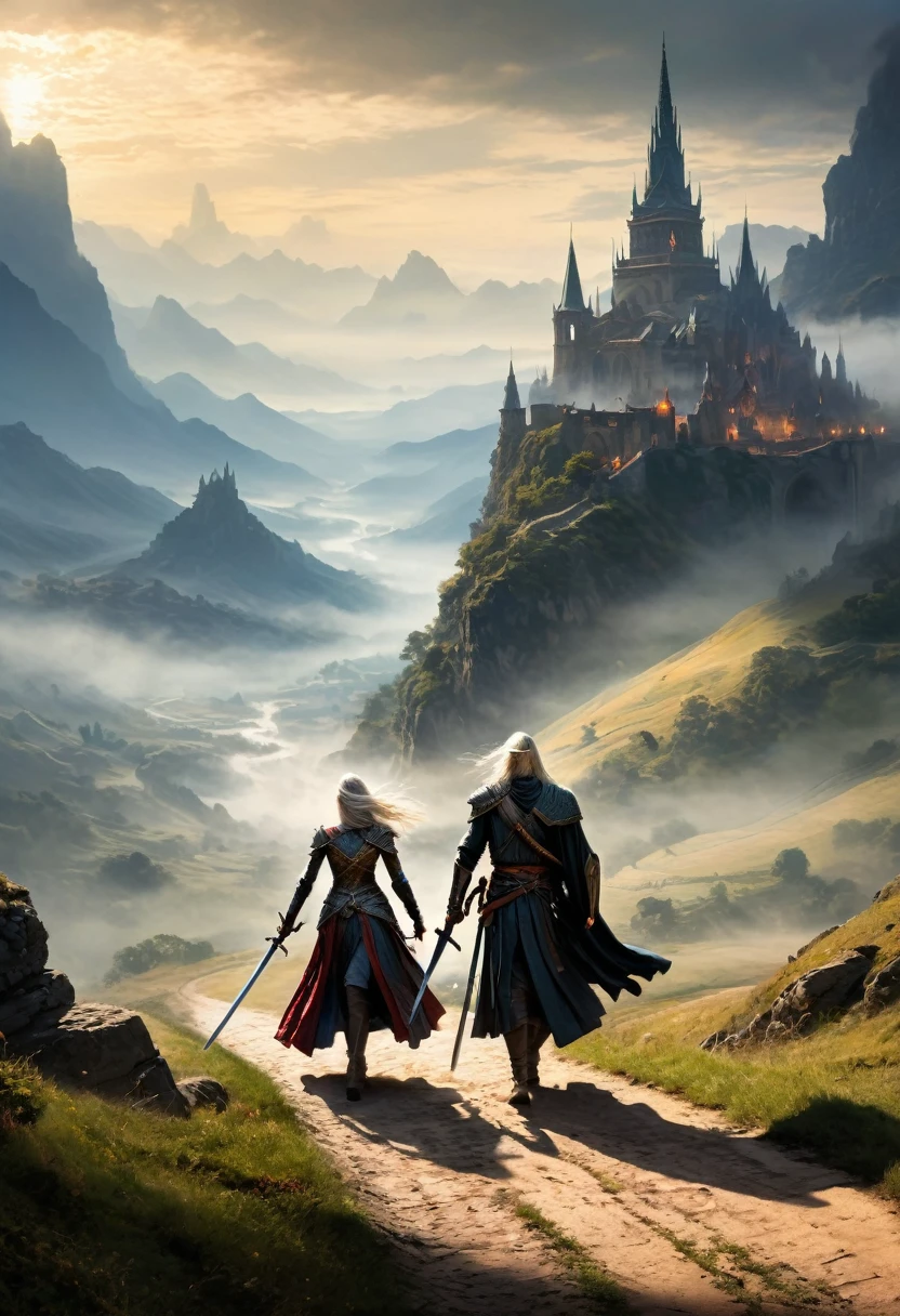 (((ultra realistic))) Photo, masterpiece, top quality, An enigmatic lone swordsman strides gracefully into a foreboding, perilous landscape, accompanied by a mysterious female warrior, her long silver hair flowing in the wind. Together, they walk along a winding road stretching behind them, vanishing into the distance. In the far background, a mist-shrouded city rises from the shadows, its towering spires and grand architecture a testament to a long-forgotten era. His tattered cloak billows behind him, with his sword safely sheathed at his hip, while her slender hand rests on the hilt of her own sheathed sword at her side. The scene is depicted in a vivid and immersive painting, with rich colors and intricate details that bring the characters to life. The overall composition is both dynamic and atmospheric, drawing viewers in with its sense of mystery and adventure., des3rt4rmor, 