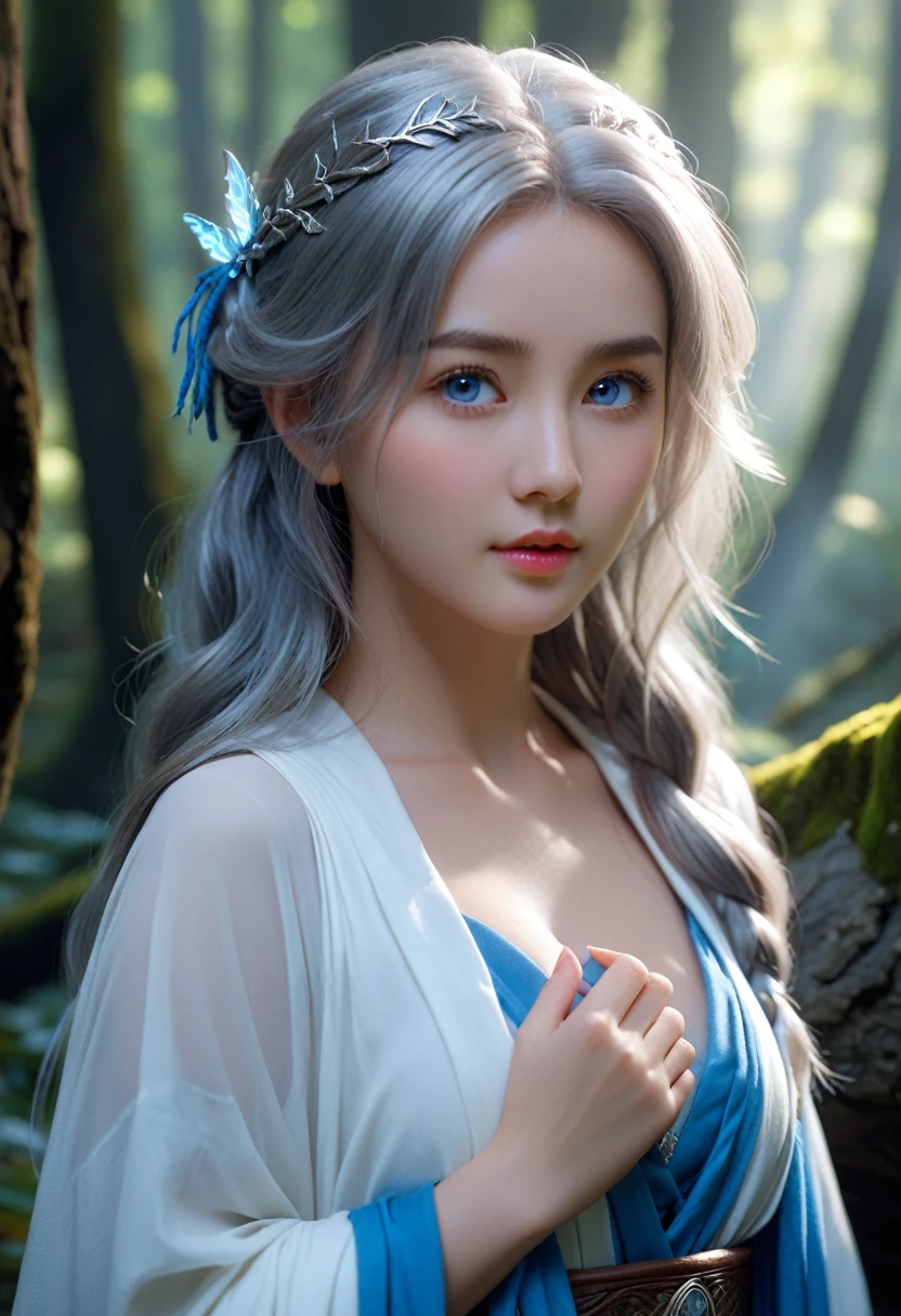 ((masterpiece)), ((best quality)), (ultra-detailed), ((kawaii)), cute, (lovely), (sexy), ((extremely detailed)), 4K, (8K), best quality, (beautiful), photorealistic, portrait, legendary, a cute girl, solo, sorceress, ancient forest, mystical, aura, flowing robes, glowing, runes, wisdom, magic, serene, timeless, beautiful blue eyes, beautiful silver hair, cinematic lighting,