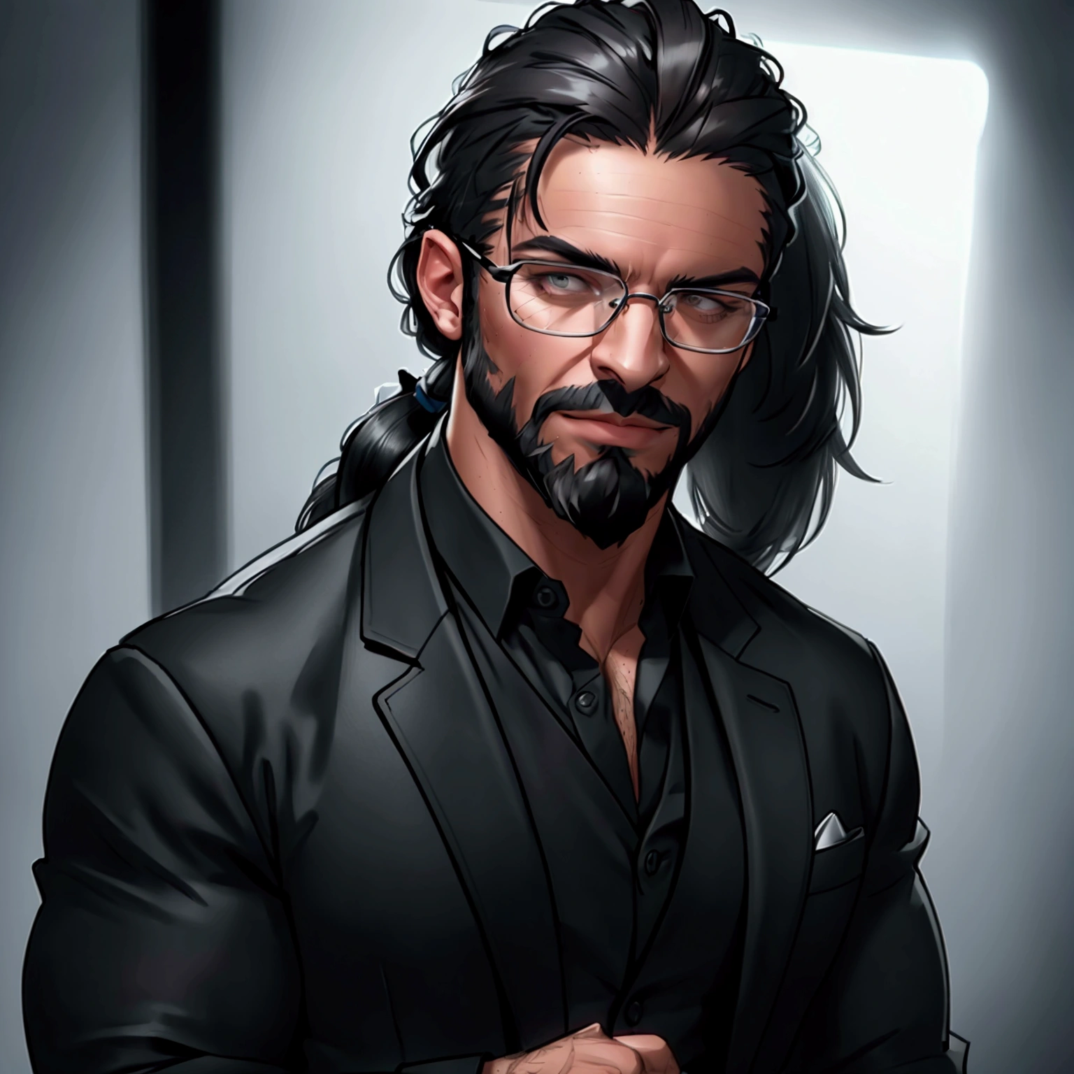 a muscular man with long dark hair in a ponytail,glasses,scruffy beard,wearing a business vest and black dress pants,solo,alone,(SOLO)(ALONE),extremely detailed portrait,photorealistic,cinematic lighting,(best quality,8k,highres,masterpiece:1.2),ultra-detailed,(realistic:1.37)