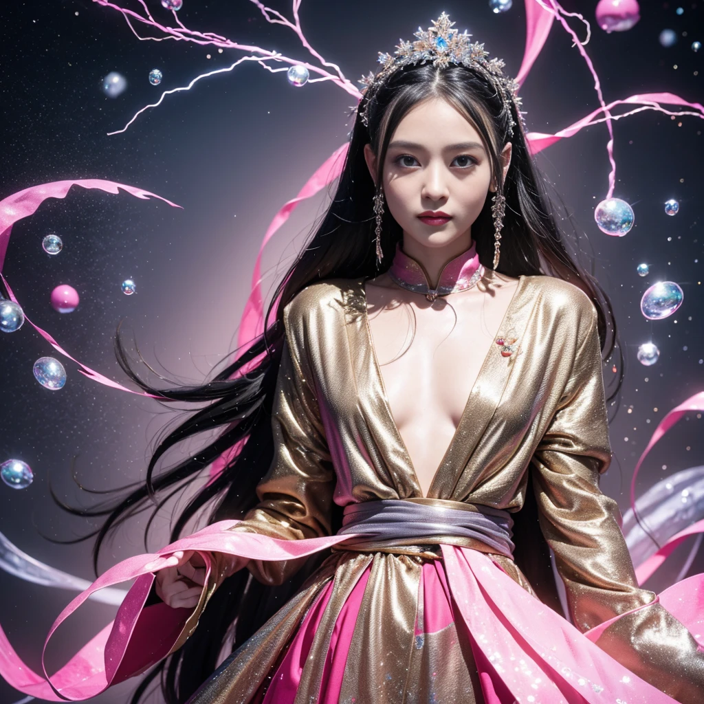 32K(tmasterpiece,k hd,hyper HD,32K)Black-braid fairy,Flowing bubbles,ponds,zydink, a color(Black braided student), (Colorful bubbles), Combat posture, looking at the ground, Large rolls of rouge bubbles,Black braids,Silk platinum crystal tiara, Chinese long-sleeved black gold garment, Black braids(Abstract water splash:1.2), Pink peony flower background,Buble(realisticlying:1.4),Cooking with gas,The gradient background is pure, A high resolution, the detail, RAW photogr, Sharp Re, Nikon D850 Film Stock Photo by Jefferies Lee 4 Kodak Portra 400 Camera F1.6 shots, Rich colors, ultra-realistic vivid textures, Dramatic lighting, Unreal Engine Art Station Trend, cinestir 800,Flowing snowflakes,Colored bubbles that refract light