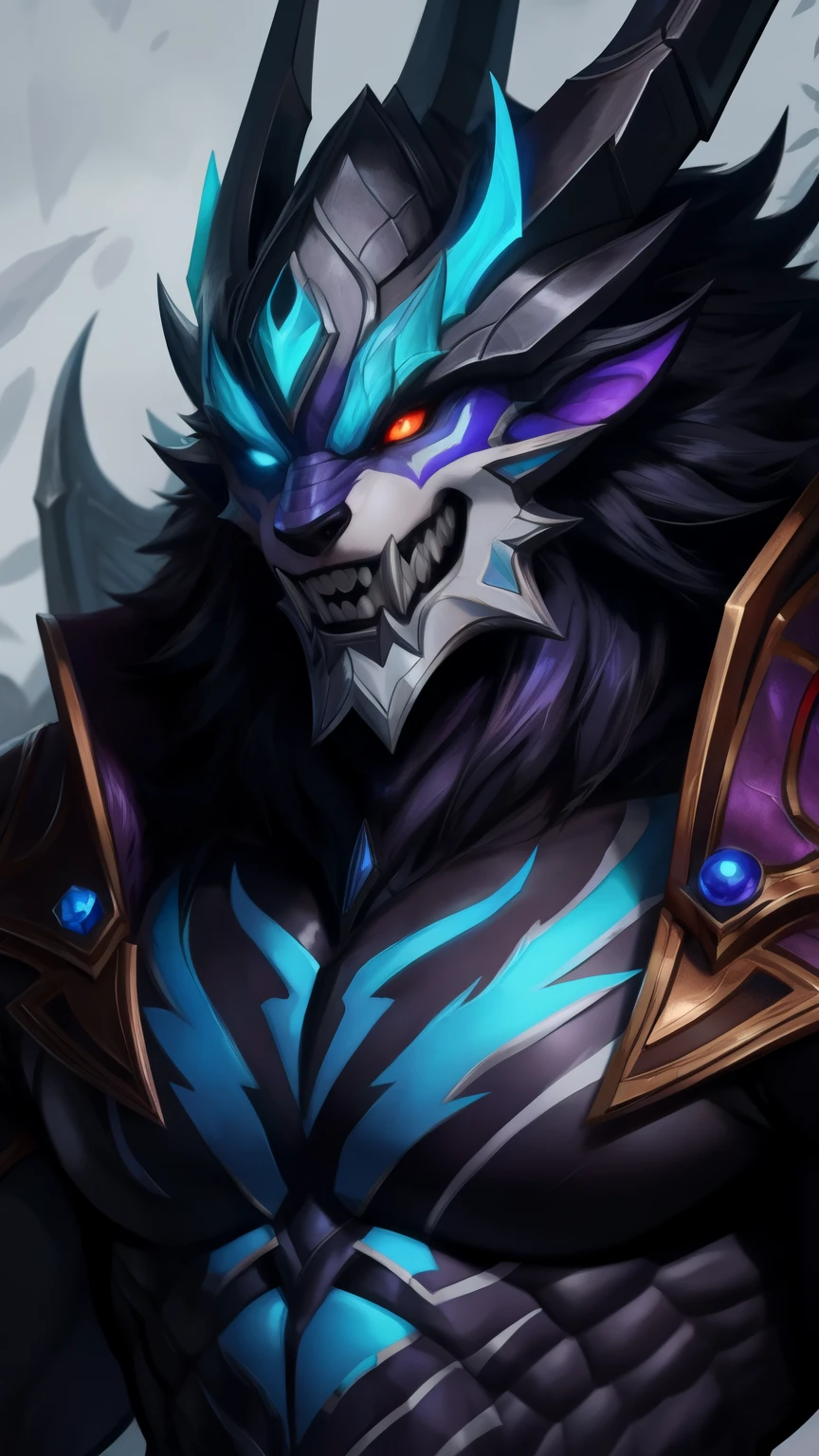 a close up of a person with a bat on a dark background, amazing portrait of viego, shaco from league of legends, painted portrait of mordekaiser, league of legends character art, league of legends character, extremely detailed artgerm, tane skin, inspired by Huang Shen, chaos nightmare ❄️ amour venom, league of legends concept art, league of legends art