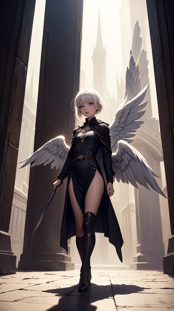 an angel brown skin woman, white wings, black dress, black cloak, long straight, white hair, Baby Bangs. (dungeons and dragons art), (fantasy), (defined lines), (flat saturated colors), (cinematic composition), (perspective), (scketch style)
