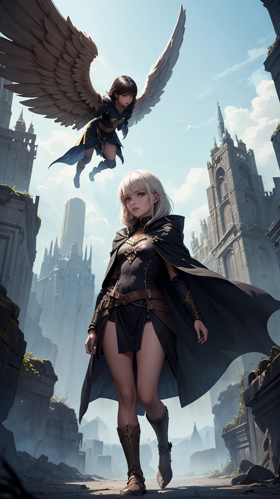 an angel brown skin woman, white wings, black dress, black cloak, long straight, white hair, Baby Bangs.  (dungeons and dragons art), (fantasy), (defined lines), (flat saturated colors), (cinematic composition), (perspective), (scketch style)